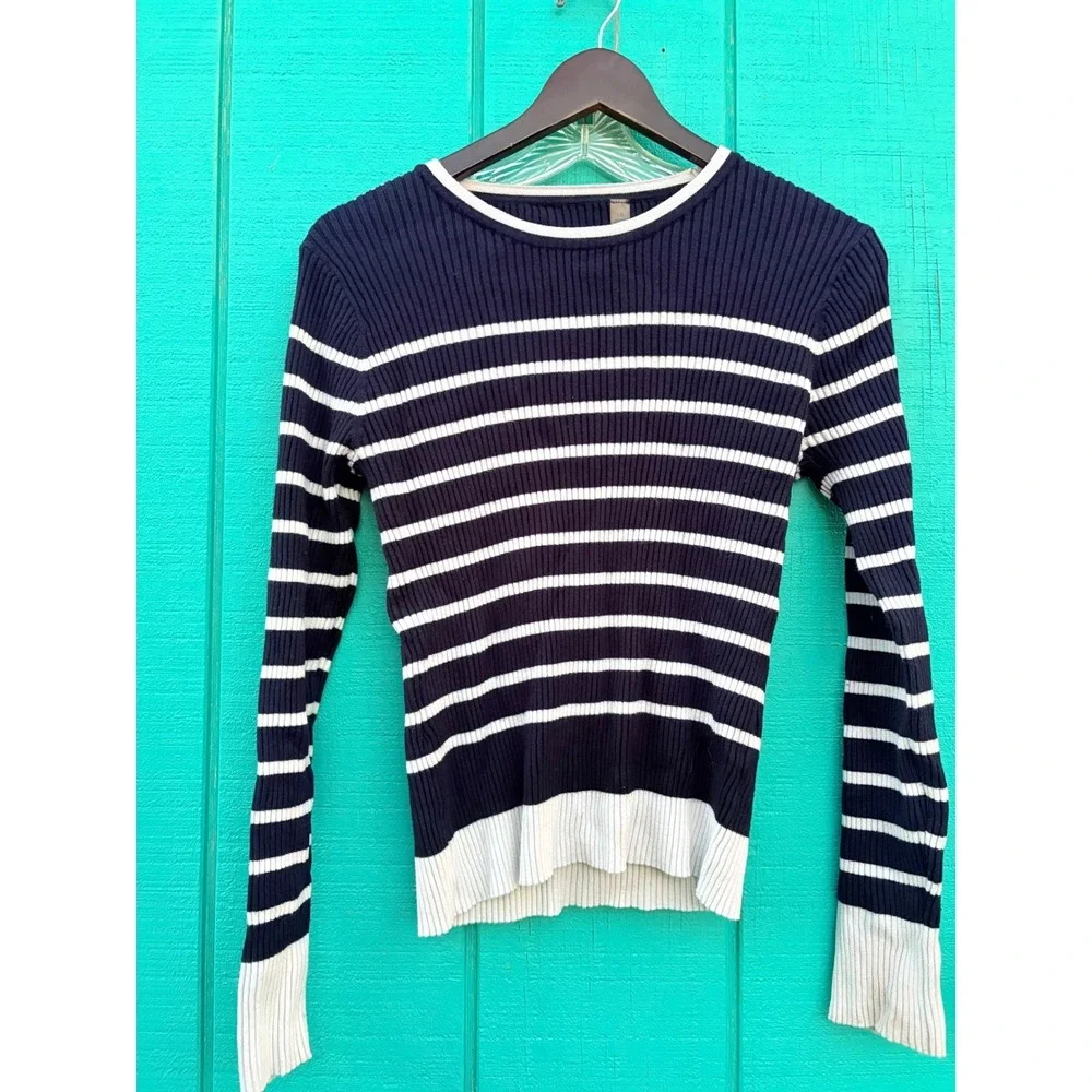 Striped Ribbed Knit Long Sleeve Top Nautical Button‎ Detail Navy White L